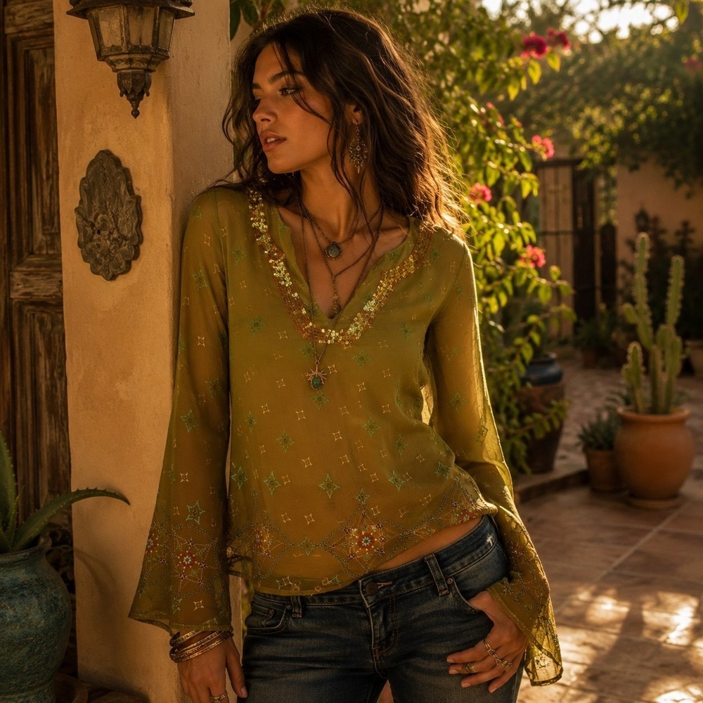 Y2K Unique Spectrum Blouse Womens 1X Green Brown Ombre Earth Witch Boho